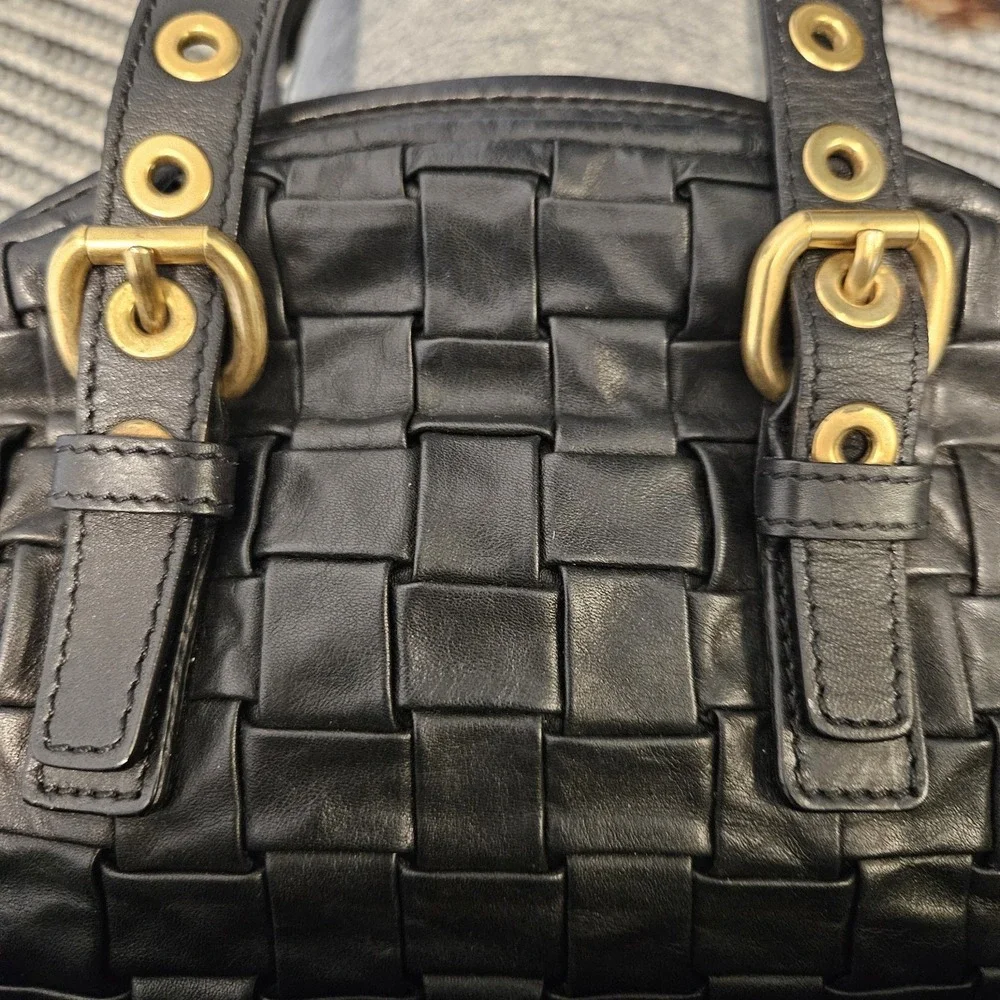 Escada Woven Satchel Shoulder Leather Bag Top Handle Gold Hardware Black